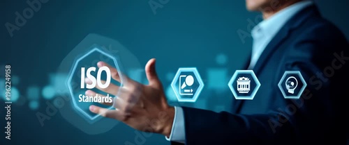 Business professional confidently pushes virtual ISO button, triggering gentle ambient light flicker; steady camera tracking highlights technological innovation in a cinematic style.