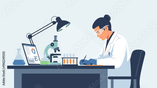 Scientist working in laboratory with microscope and laptop