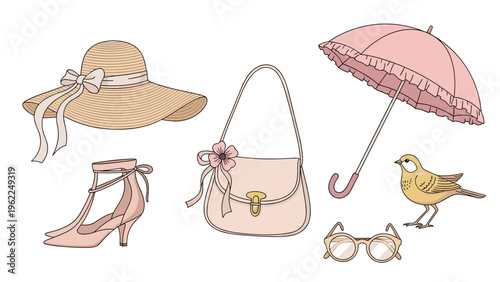 Charming collection of feminine fashion accessories including a straw hat, pink handbag, frilly umbrella, and glasses.