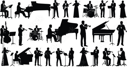 Musician silhouette orchestra band instruments performance piano violin guitar jazz black vector illustration set isolated classical music design