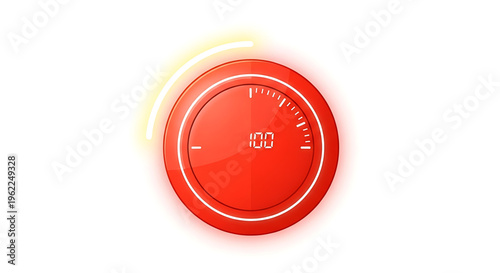 A modern red speedometer icon with a glowing effect, indicating maximum performance.