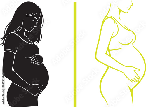 Vector silhouettes of a pregnant woman in a t-shirt holding her belly. Features a solid black profile and a lime green outline version, capturing the essence of motherhood and prenatal wellness.