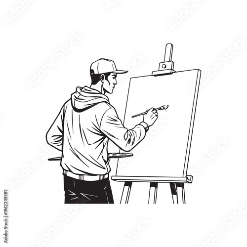 Artist, man painting, creative professional, drawing on canvas, illustration