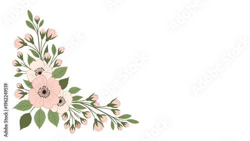 Delicate corner floral arrangement featuring three large pink blossoms and numerous small buds on leafy green branches.