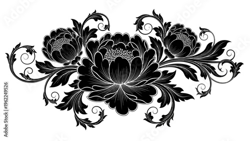 Ornate black floral design with swirling leaves and blooming flowers.