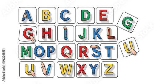 A colorful vector illustration of alphabet blocks with letters scattered on a white background