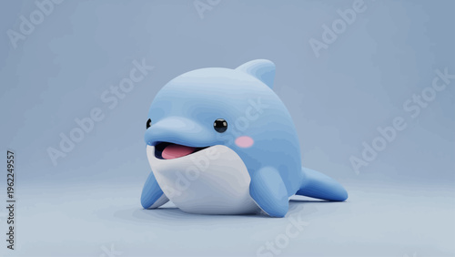 Cute cartoon dolphin with a happy expression on a blue background.