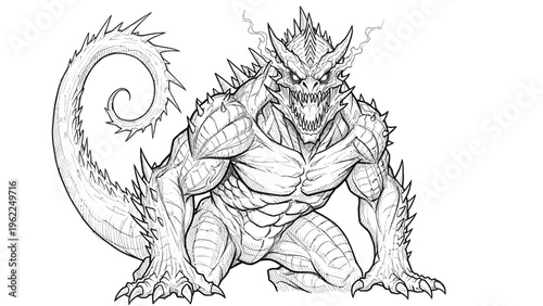 Fierce dragon monster illustration with sharp claws and spiky tail.