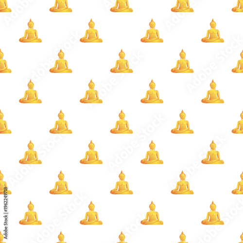 Repeating pattern of golden buddha statues sitting in meditation pose