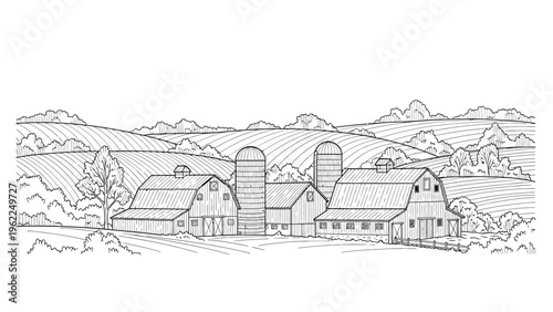 Hand drawn outline illustration of a rustic farm landscape with barns, silos, and fields.