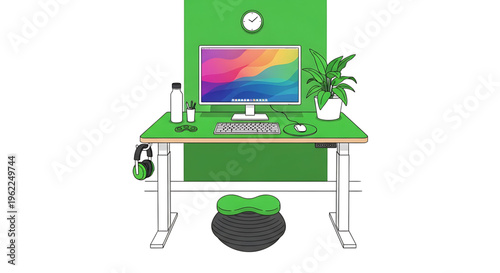 A modern home office setup with a green desk and colorful computer screen
