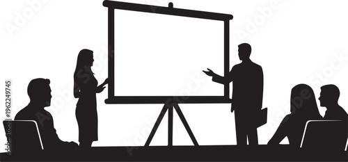 Business meeting, presentation, office teamwork, silhouette icons