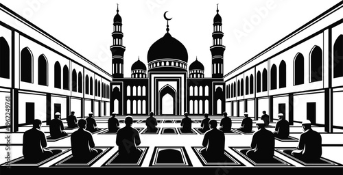 Muslim people praying in mosque courtyard, Islamic worship and spirituality concept illustration, minimal black and white vector design for religious theme