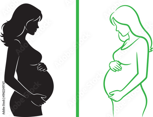 Vector silhouettes of a pregnant woman holding her belly. Features a solid black profile and a green line art version with flowing hair, symbolizing motherhood, prenatal care, and healthy growth.
