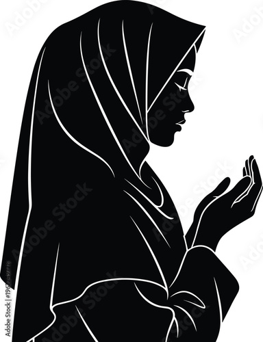Muslim woman praying silhouette, Islamic faith and devotion concept illustration, minimal black and white line art vector design for spiritual theme