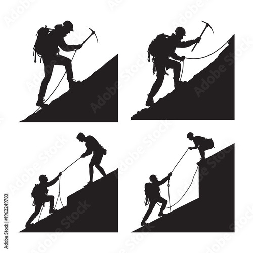 Four depictions of mountain climbers ascending steep slopes equipped with gear presented as a striking silhouette