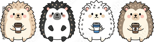 Set of Cute Hedgehogs Holding Coffee Cups in Different Colors for Animal, Coffee, and Kawaii Illustration Designs