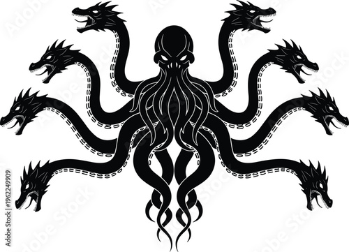 Mythical hydra octopus silhouette illustration, fantasy monster creature vector, multi head dragon design, dark black white style, horror emblem graphic