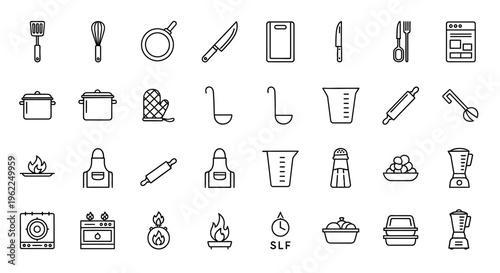 Comprehensive Collection of Kitchen Utensils and Cooking Equipment Line Icons.