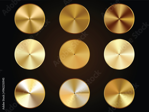 Nine brushed gold coins or medallions on black background