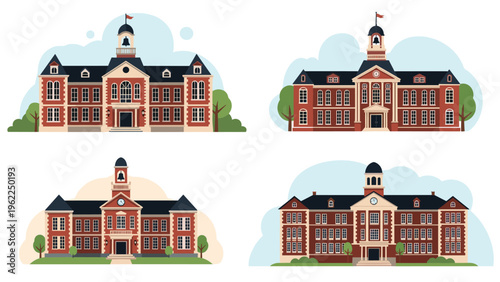 Four separate illustrations of classic red brick school buildings with bell towers, columns, and green trees on a plain background.