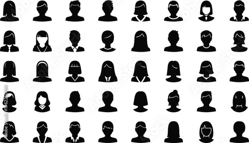 People avatar silhouette collection user profile icons diverse characters male female black vector illustration set isolated flat design