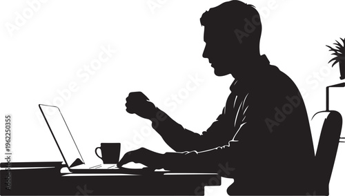 Silhouette of man working on laptop, office worker vector, business professional illustration, black silhouette