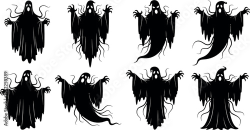 Spooky Silhouette Ghosts with Flowing Hair and Haunting Poses for Halloween, Horror, and Gothic Designs