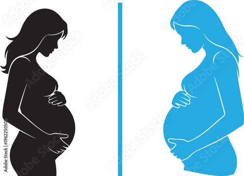 Two vector silhouettes of a pregnant woman with flowing hair holding her abdomen. Includes a solid black and a bright cyan blue version, capturing the beauty of motherhood and prenatal health.