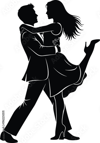 Romantic couple dancing silhouette, man lifting woman in love pose, elegant relationship illustration, minimal black and white vector design