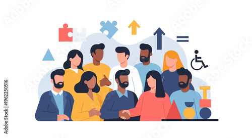 Workplace Diversity, Equity & Inclusion: Collaborative Team for Business Growth & Equal Opportunity with DEI Symbols