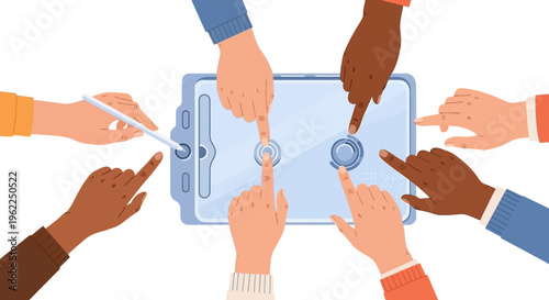 Diverse Hands Engaging with Digital Tablet, Collaboration, Technology & Teamwork Concept Illustration
