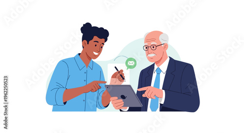 Intergenerational Collaboration: Young Man and Senior Executive Digitally Sign Document on Tablet with Stylus for Online Agreement