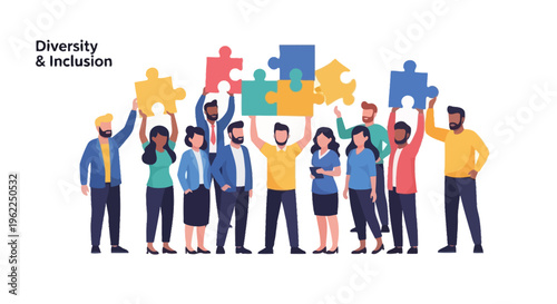 Diverse Team Working Together with Puzzle Pieces for Diversity & Inclusion (DEI), Collaboration, and Unity