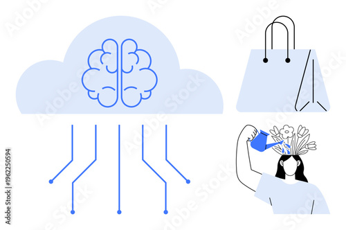 Technology, artificial intelligence, mental wellness, sustainability, shopping trends, innovation. Brain in cloud, circuit lines shopping bag person watering plants. Technology and artificial