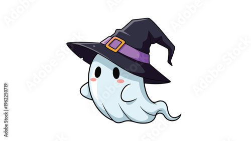 Adorable cartoon ghost character wearing a black witch hat with a purple band and orange buckle for Halloween fun.