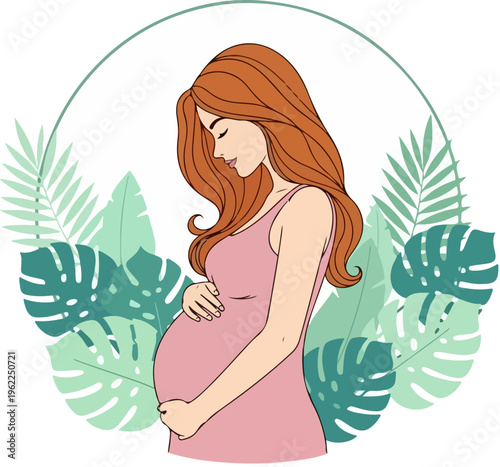 Pregnant woman vector illustration with tropical leaves, expectant mother in pink dress holding belly, maternity health and pregnancy concept