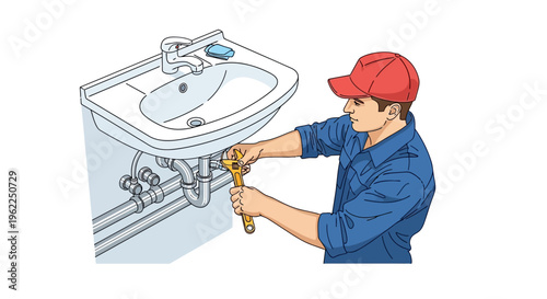 Plumber fixing a sink with a wrench.