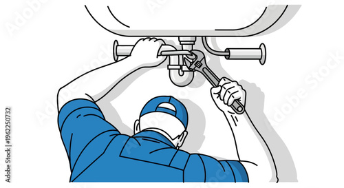 Plumber fixing a sink with a wrench.