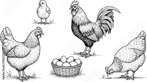 Vintage Hand-Drawn Chicken, Rooster, and Egg Basket Illustrations for Farm, Agriculture, and Rural Designs
