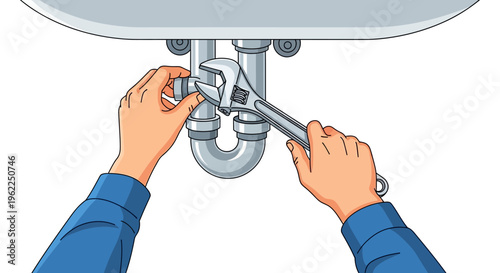 Hands using a wrench on plumbing.