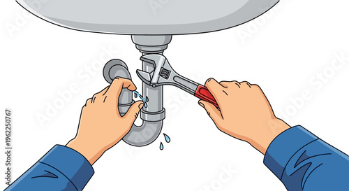 Hands fixing a leaky faucet with wrench.