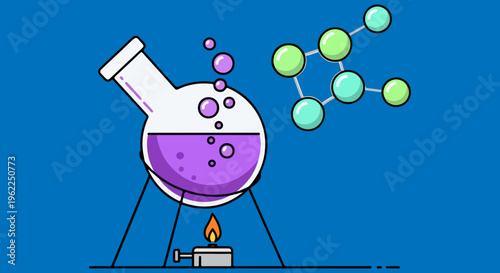 Chemistry laboratory flask with purple liquid and molecule structure, science experiment vector illustration, chemical research equipment on blue background