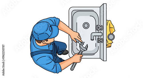 Plumber fixing a sink with wrench.