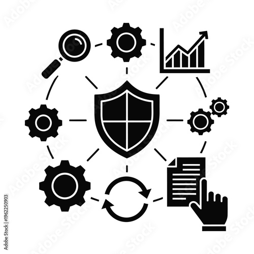 A black and white icon illustration depicting data security, system management, and process optimization with a central shield surrounded by various related icons.