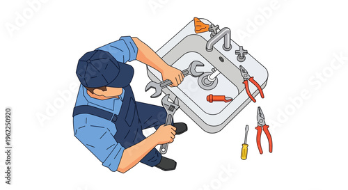 Plumber fixing a sink with tools.