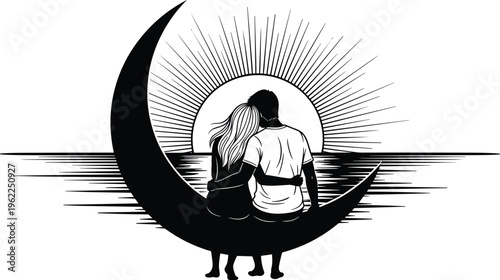 Romantic couple sitting on crescent moon at ocean sunset, love silhouette scene, minimal line art vector illustration for modern design
