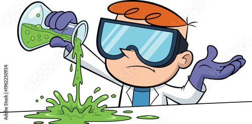 Cartoon boy scientist in lab coat pouring green liquid, young chemist character with safety goggles, science experiment vector illustration
