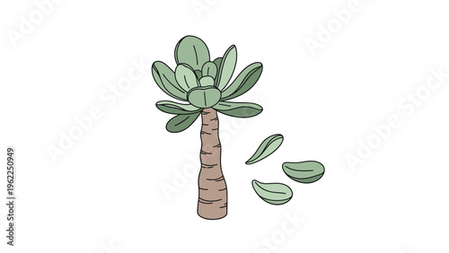 Simple hand-drawn sketch of a small succulent plant with thick green leaves and a few fallen leaves nearby.