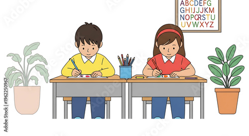 Two children sitting at desks in a classroom, engaged in learning activities with plants and educational materials around them.